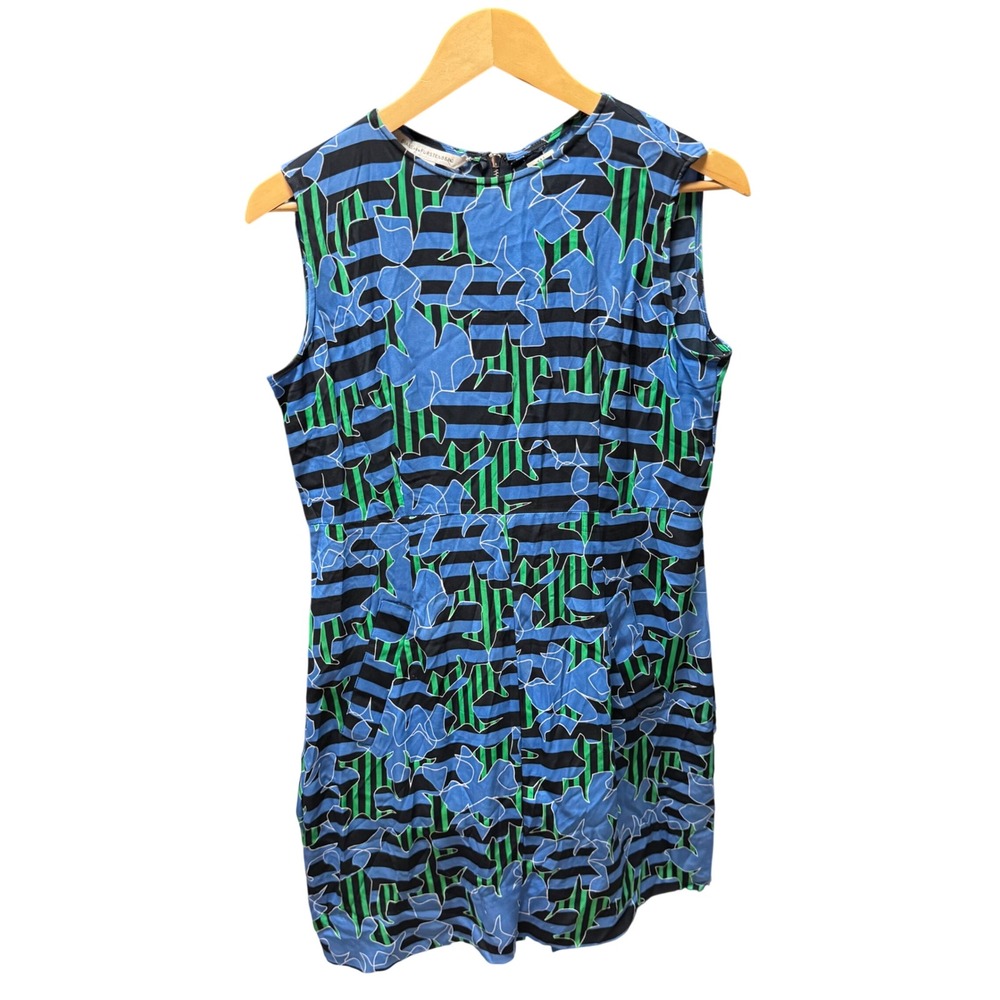 Diane von Furstenberg Silk Blend Striped Floral Mini Dress Blue Green Size 12
